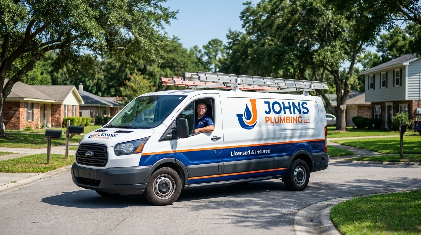 Johns Plumbing LLC service van in Greenvale, NY