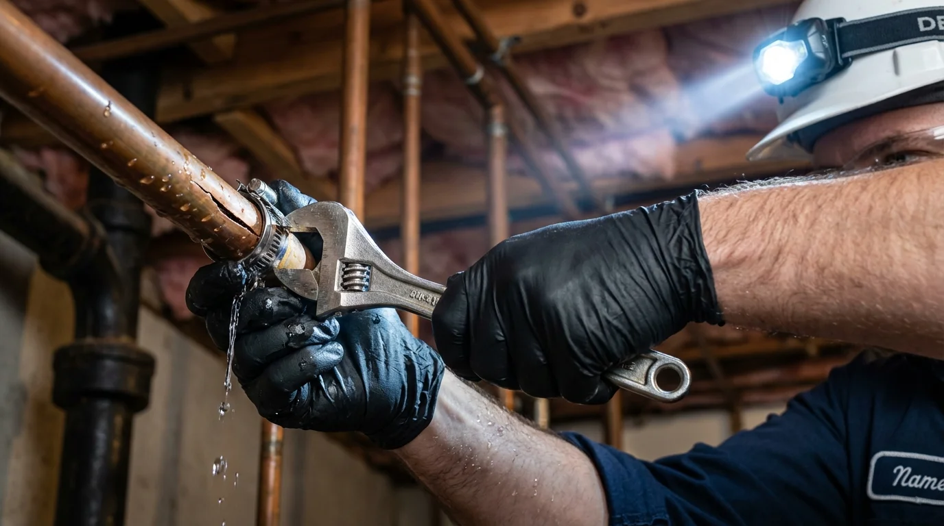 Emergency pipe clamp repair being performed by a Johns Plumbing LLC plumber in Greenvale